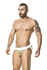 White briefs with vibrant tropical fruit print and side cutouts gigo tropic jock strap underwear size m