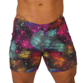 Vibrant Gigo Universe beachwear galaxy-print swim trunks with swirling nebulae in purple teal pink and orange