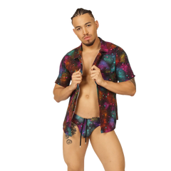 A vibrant galaxy-print short-sleeved button-up shirt in purple teal and orange called gigo universe shirt