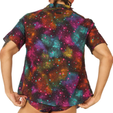 Gigo Universe shirt vibrant galaxy print short-sleeved button-up with swirling nebulae in teal magenta orange and purple hues