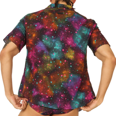 Gigo Universe shirt vibrant galaxy print short-sleeved button-up with swirling nebulae in teal magenta orange and purple hues