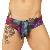Gigo universe swimbrief vibrant galaxy-print swim trunks with magenta teal and cosmic sparkles design