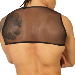 Black sheer mesh gigo universe vest harness with black trim showing front view