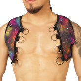 Vibrant galaxy-print neoprene vest harness with black straps and silver metal rings for secure fit