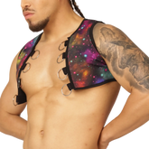 A vibrant galaxy-print Gigo Universe vest harness with black straps and silver metal rings