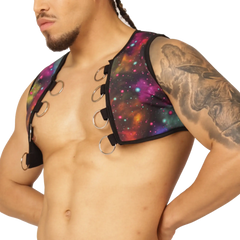 A vibrant galaxy-print Gigo Universe vest harness with black straps and silver metal rings