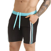 Black swim trunks gigo versatil blue beachwear with light blue waistband drawstrings and white blue side stripes