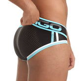 Black mesh gigo versatil blue brief with light blue and white trim and bold igo logo on waistband