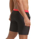 Black gigo versatil red beachwear athletic shorts with vibrant red waistband and side stripe, sleek form-fitting design