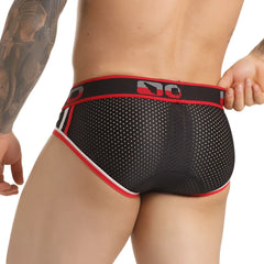 Black mesh briefs with red and white trim and bold dc logo on waistband from gigo versatil red brief collection