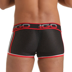 Black mesh briefs with red and white trim featuring bold gigo logo on waistband gigo versatil red trunk