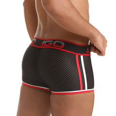 Black mesh briefs with red and white trim and bold igo logo on waistband from gigo versatil red trunk collection