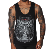 Black tank top with a vintage-style graphic featuring eagles, a pyramid with an eye, and "Gigo Los Angeles" text.