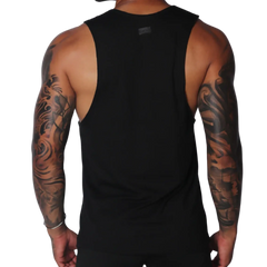 Black sleeveless cotton tank top with dropped armholes, a raw edge finish, and a small logo patch at the nape.