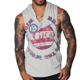 Light gray heathered sleeveless hoodie with a vintage-style red, white, and blue Gigo Wings circular graphic print.