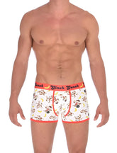 White boxer briefs with playful monkey and banana pattern and bright orange trim by ginch gonch size m