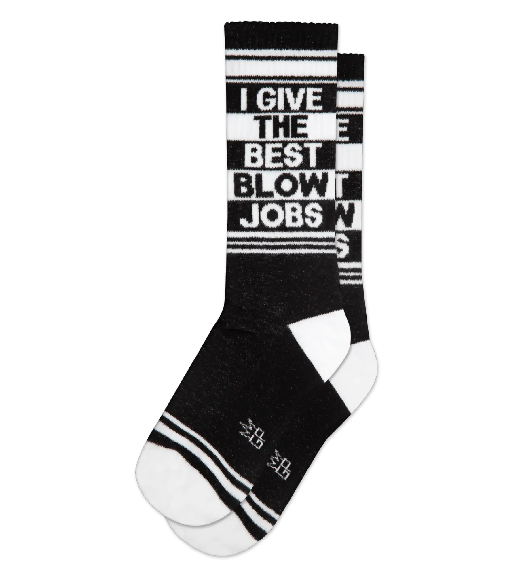 Black and white crew socks with bold i give the best blow jobs text and horizontal stripes on calf
