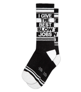 Black and white crew socks with bold i give the best blow jobs text and horizontal stripes on calf