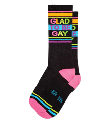Black crew socks with vibrant rainbow stripes and bold colorful glad to be gay text across the top