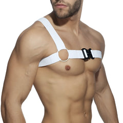 White adjustable gladiator clip harness with black buckle and circular metal ring for secure fit and durability