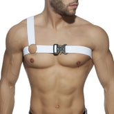 White webbing gladiator clip harness with black plastic buckle and circular metal ring for secure fit