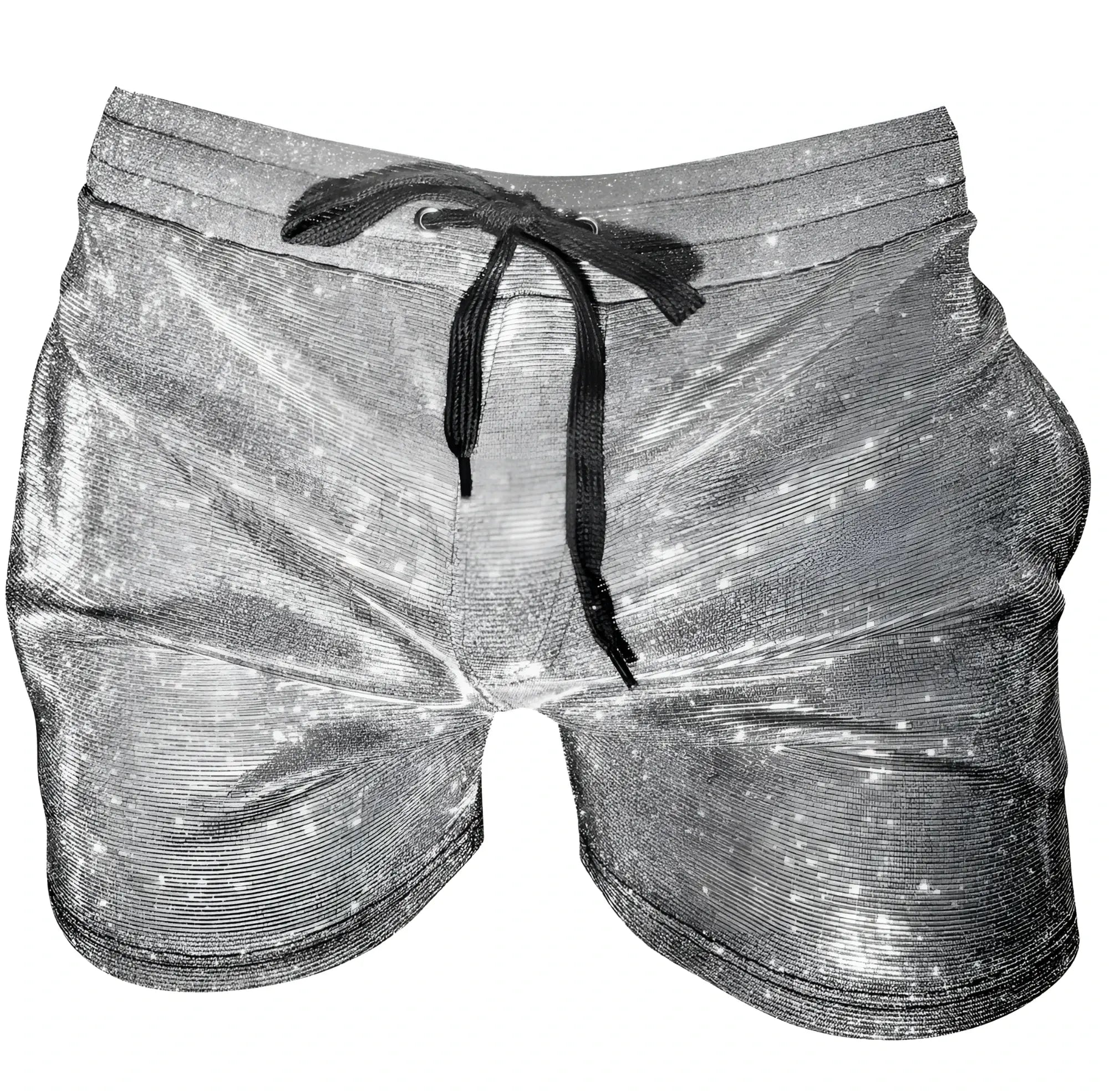 Shiny silver star patterned glitter booty short with black drawstring waistband made from glittery fabric