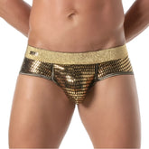 Gold sequined glitter brief with a glittery waistband and black trim in a shiny fabric design