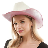 Pink and white cowboy hat with a glittery pink brim in the style of a glitter cowboy hat