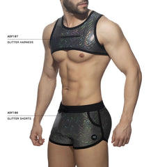 Glitter harness black and iridescent mesh glitter harness and matching shorts set shown from the front