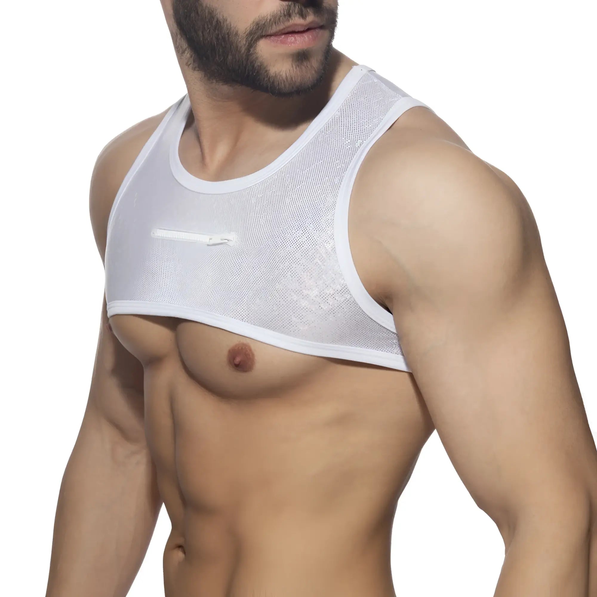 White mesh tank top glitter harness with small zipper detail on the chest lightweight and breathable design