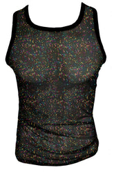 Black mesh glitter mesh tank top with iridescent multicolored speckles and solid black trim