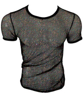 Black mesh t-shirt with iridescent glitter speckles and solid black trim called glitter mesh tee