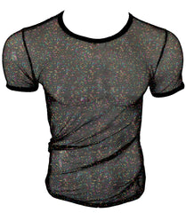 Black mesh t-shirt with iridescent glitter speckles and solid black trim called glitter mesh tee