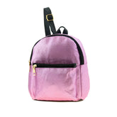 A shimmering pink glitter mini back-pack with black zippers and gold-tone hardware for stylish carrying