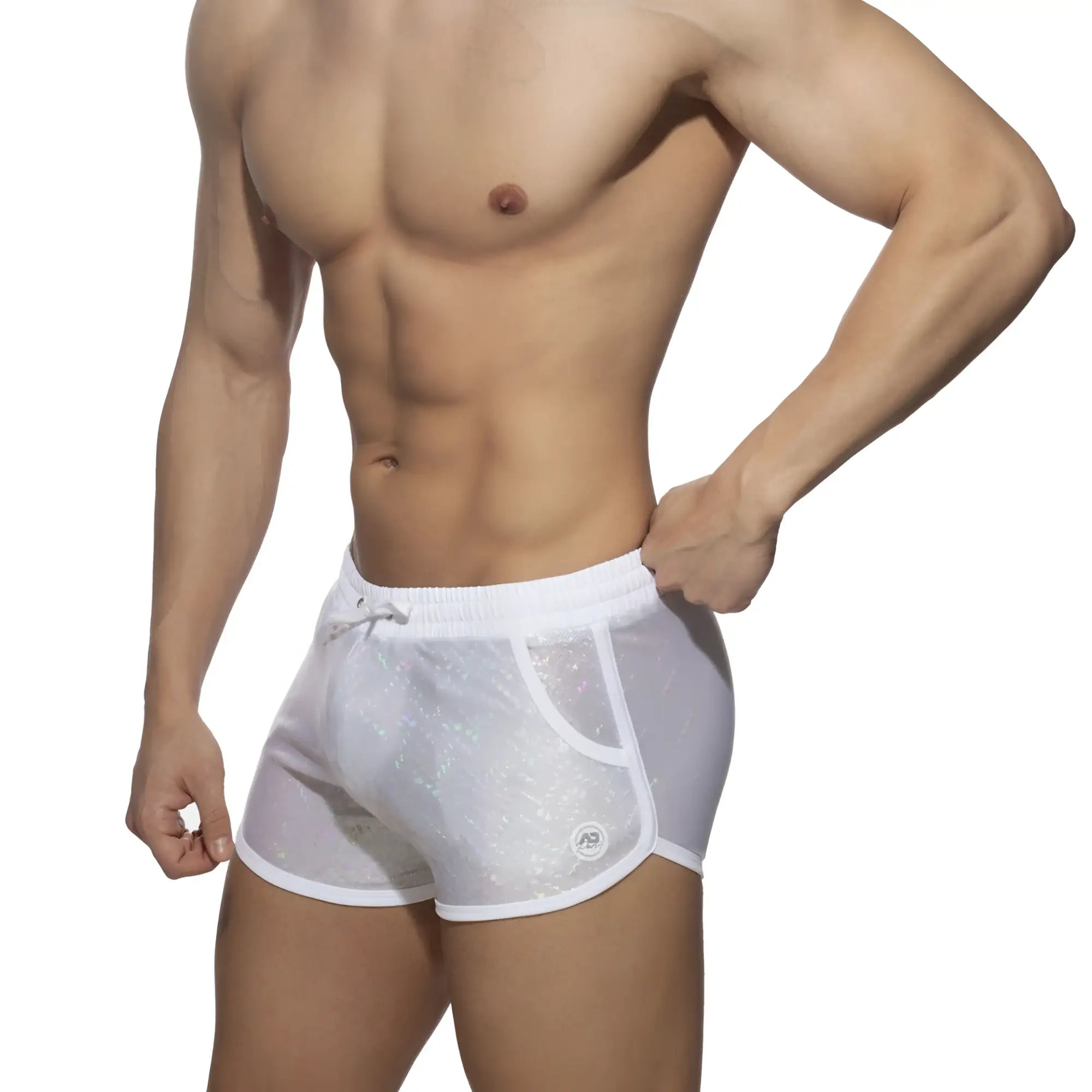 White mesh swim trunks with subtle shimmering pattern and white trim glitter short design for beachwear