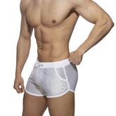 White mesh swim trunks with subtle shimmering pattern and white trim glitter short design for beachwear