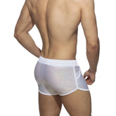 White translucent mesh glitter short with subtle iridescent pattern and white elastic waistband