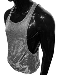 Shiny silver glitter string tank top with a cutout side panel showcasing a stylish sleeveless design