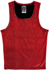 Red glittery tank top with black inner lining and knoss brand tag for stylish casual wear