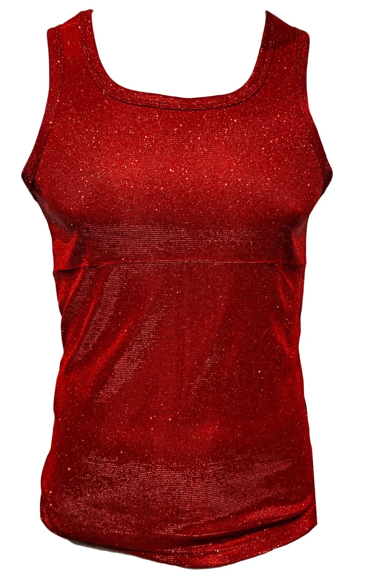 A shimmering red sequined glitter tank top with square neckline and subtle horizontal seam detail