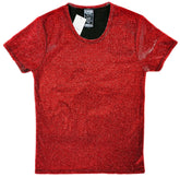 Red glittery short-sleeved tee with black inner collar and knobs brand tag perfect for festive casual wear
