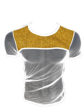 Glitter trim fine mesh tee featuring a shimmering gold glitter panel and sheer gray mesh fabric on short sleeves