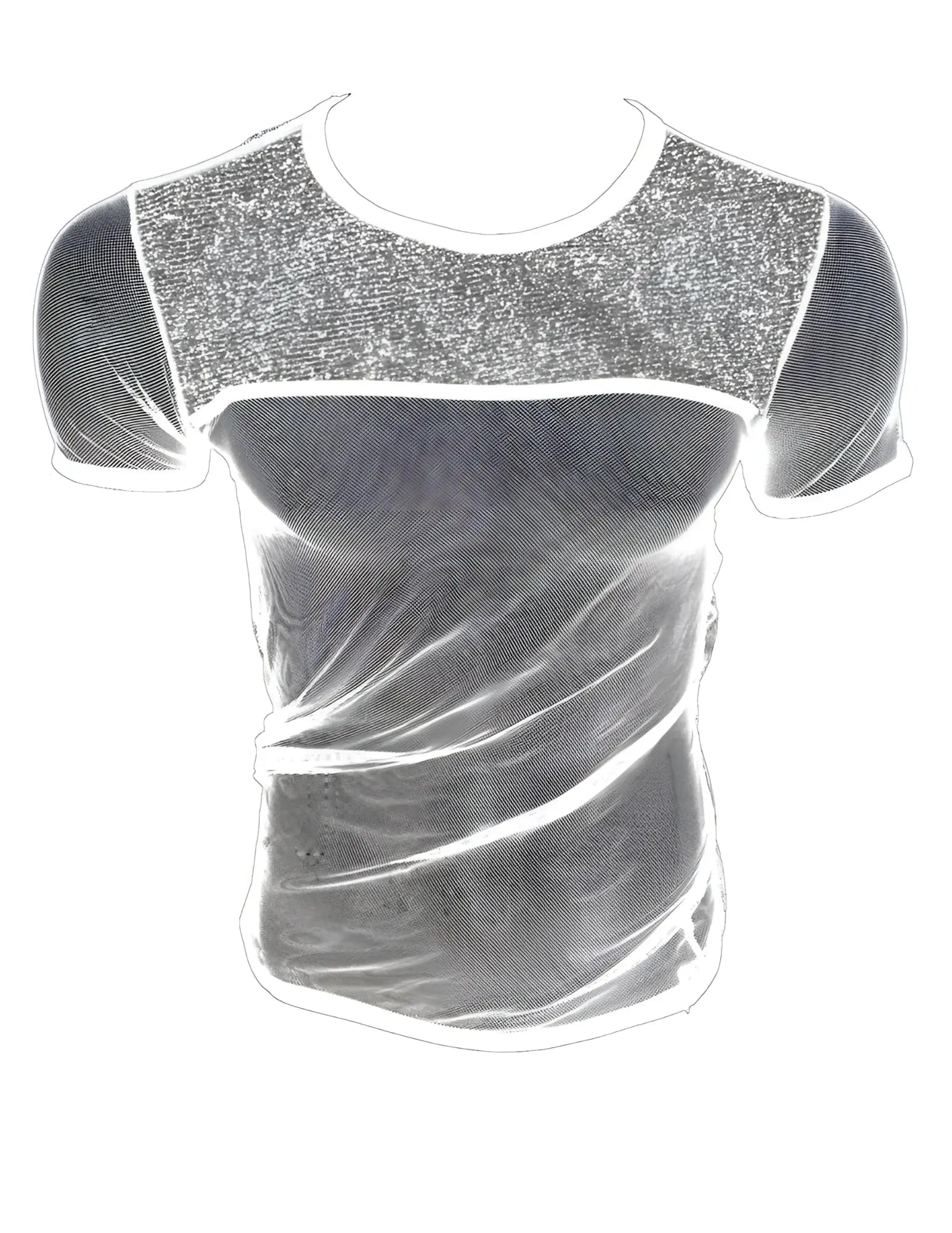 A shimmering silver sequined fine mesh tee with a sleek form-fitting design called glitter trim fine mesh tee