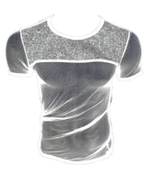 A shimmering silver sequined fine mesh tee with a sleek form-fitting design called glitter trim fine mesh tee