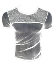 A shimmering silver sequined fine mesh tee with a sleek form-fitting design called glitter trim fine mesh tee
