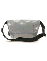 Silver holographic glitter ultra slim fanny pack with black adjustable strap and buckle for hands-free carrying