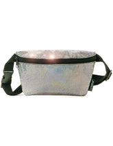 Glitter ultra slim fanny pack in silver holographic material with black zipper and adjustable strap for hands-free use