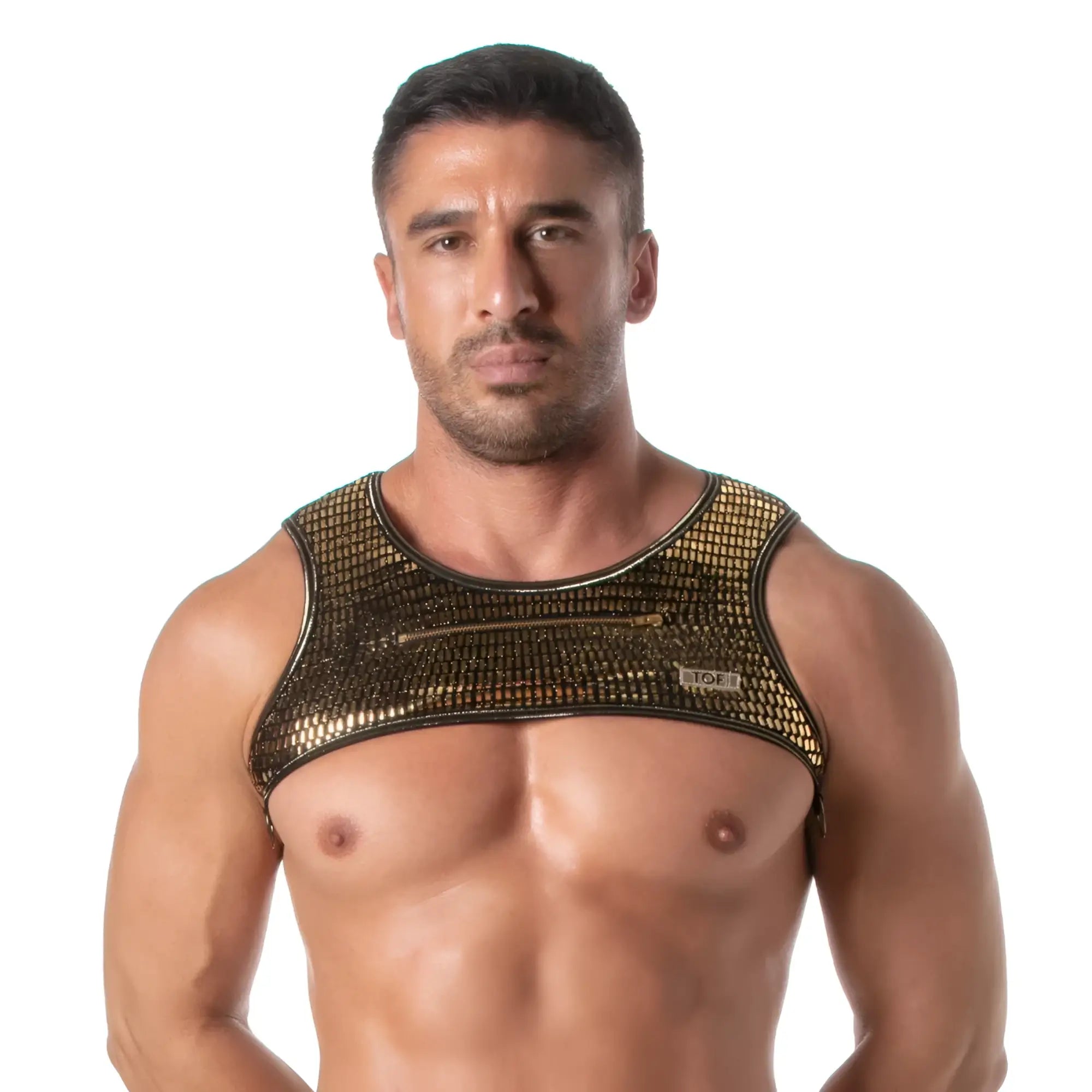 Gold metallic mesh glitter zipped harness with central zipper and visible brand tag on the front