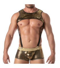Gold sequined mesh harness top with black suspenders and matching gold glitter shorts from the glitter zipped harness collection