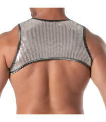 Silver mesh tank top with black trim featuring a glitter zipped harness detail